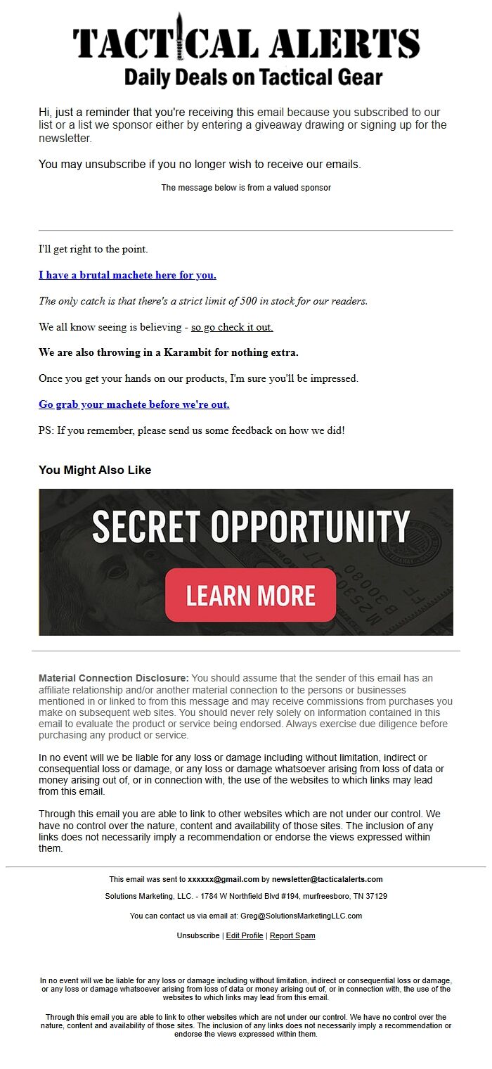 Screenshot of the email generated on import