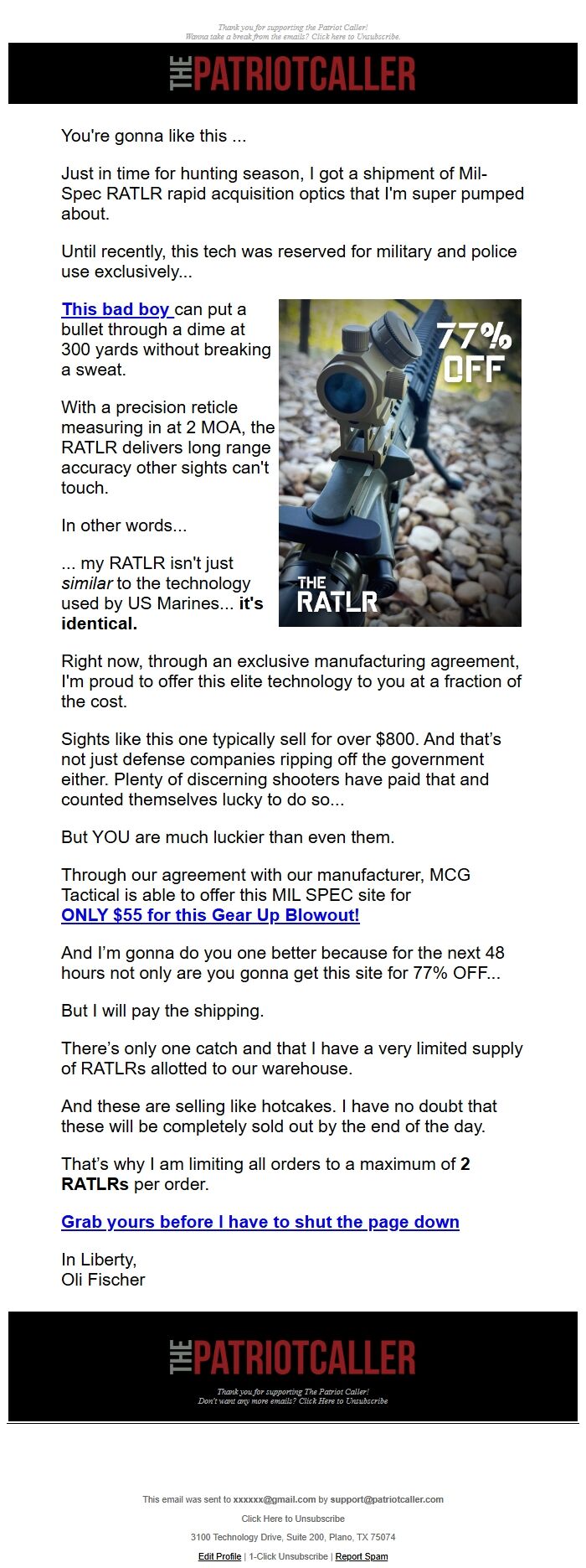 Screenshot of the email generated on import