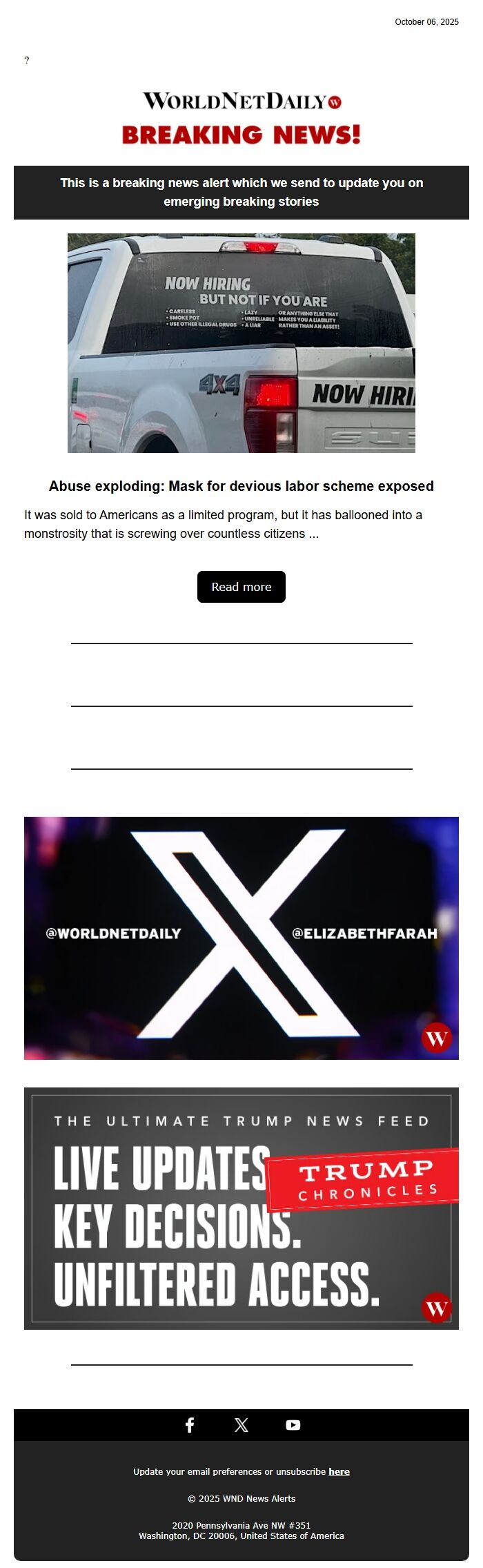 Screenshot of the email generated on import