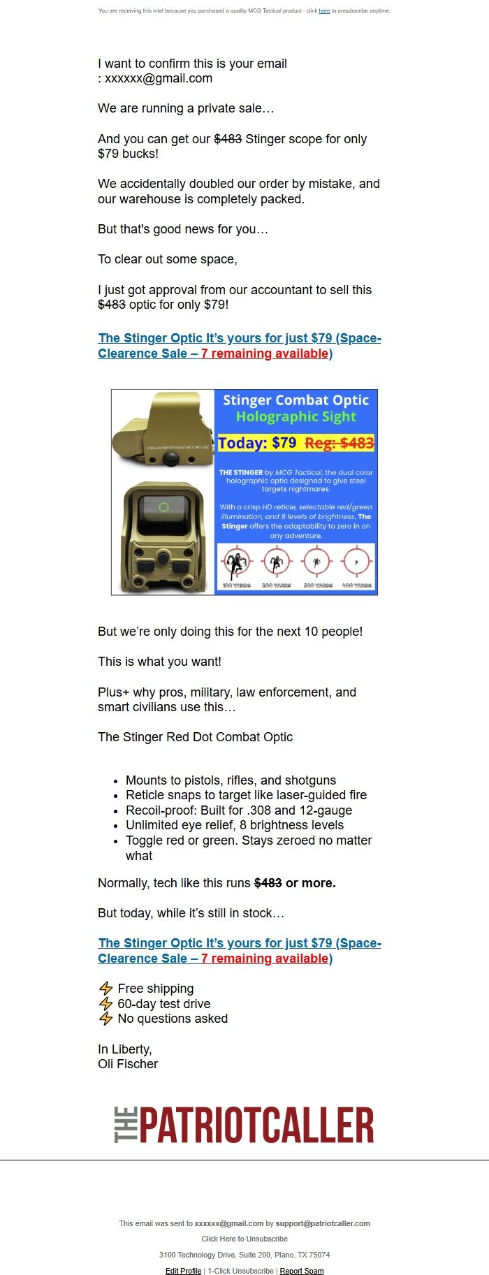 Screenshot of the email generated on import