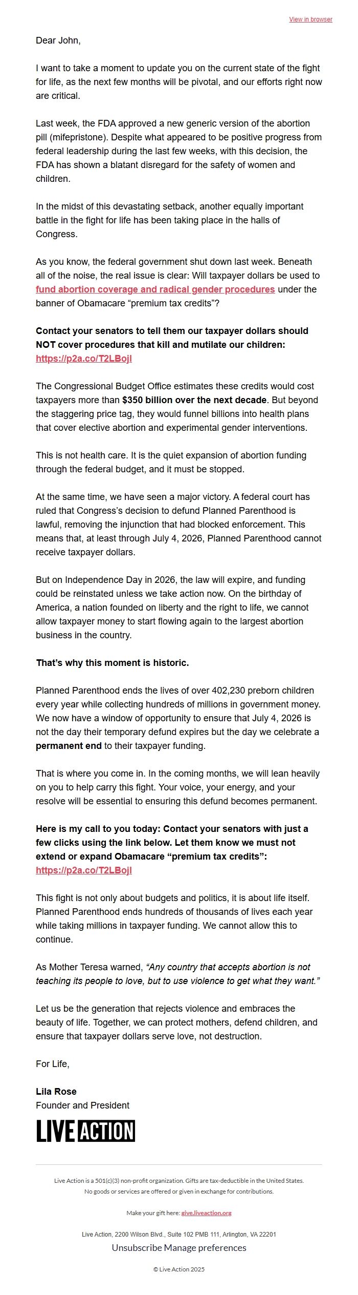 Screenshot of the email generated on import