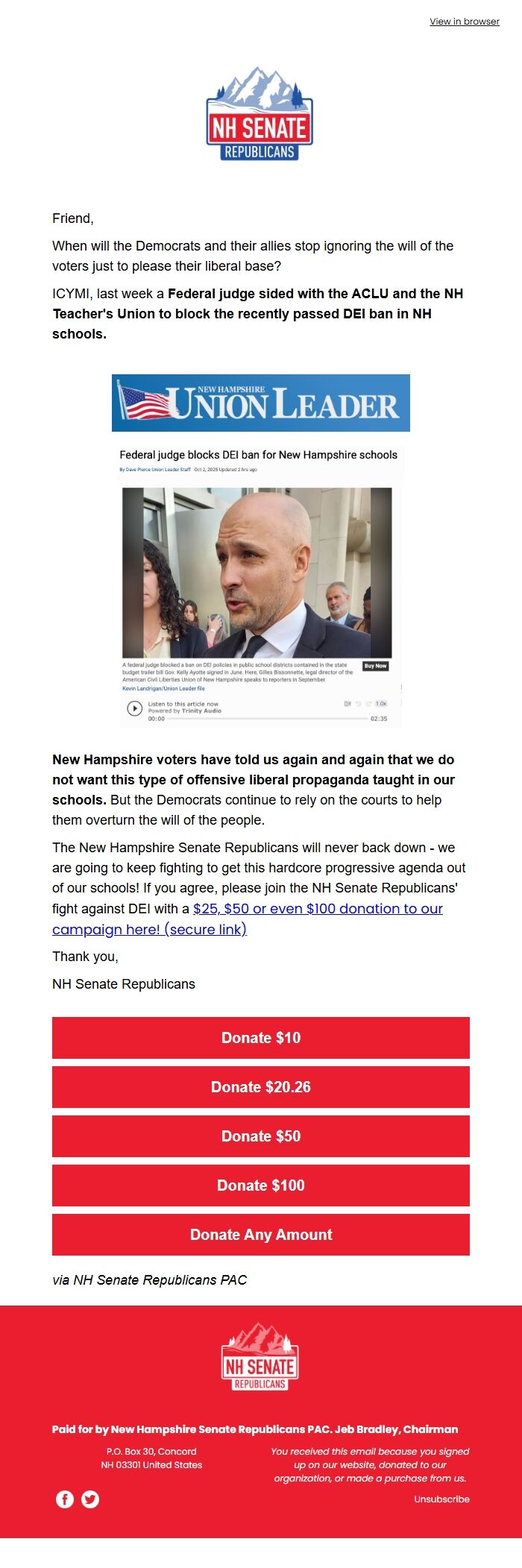 Screenshot of the email generated on import