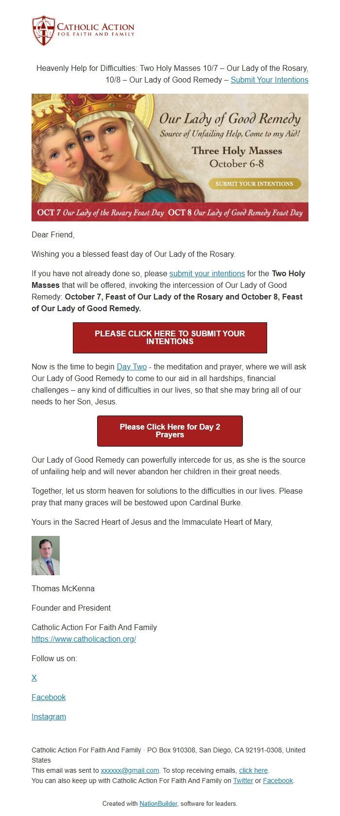 Screenshot of the email generated on import
