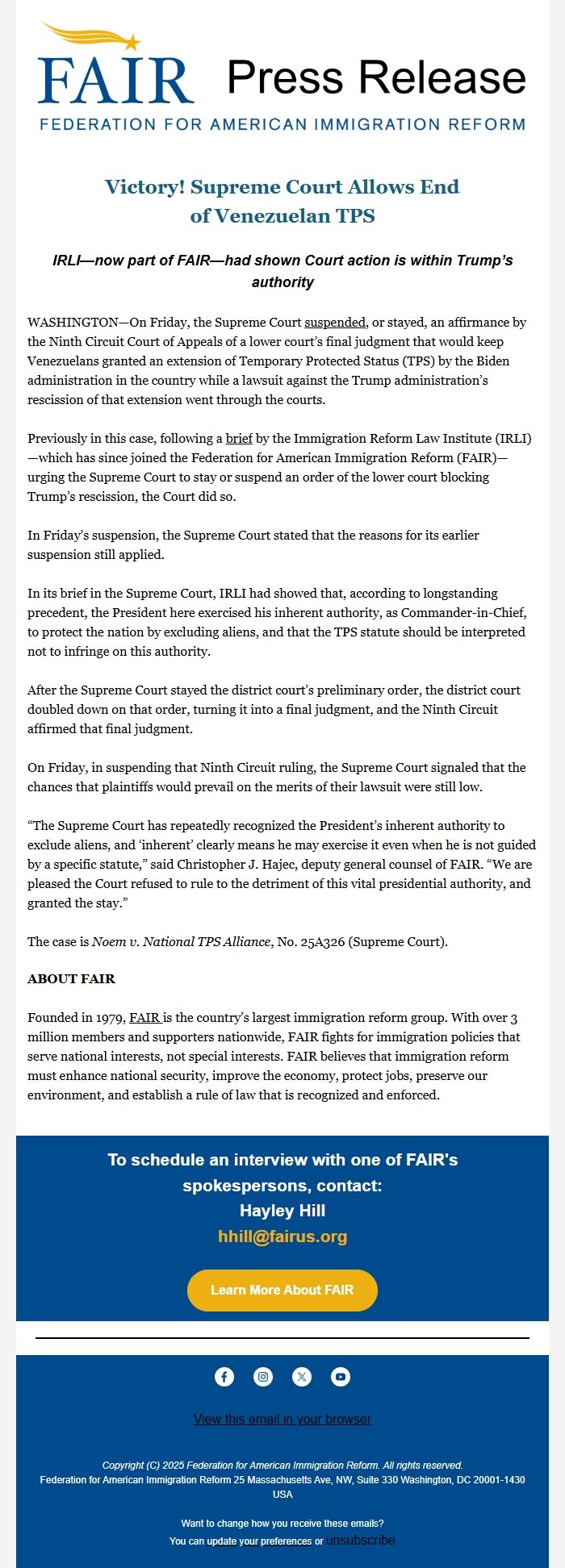 Screenshot of the email generated on import