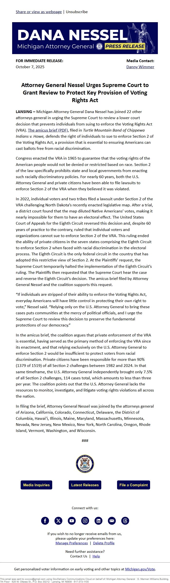 Screenshot of the email generated on import