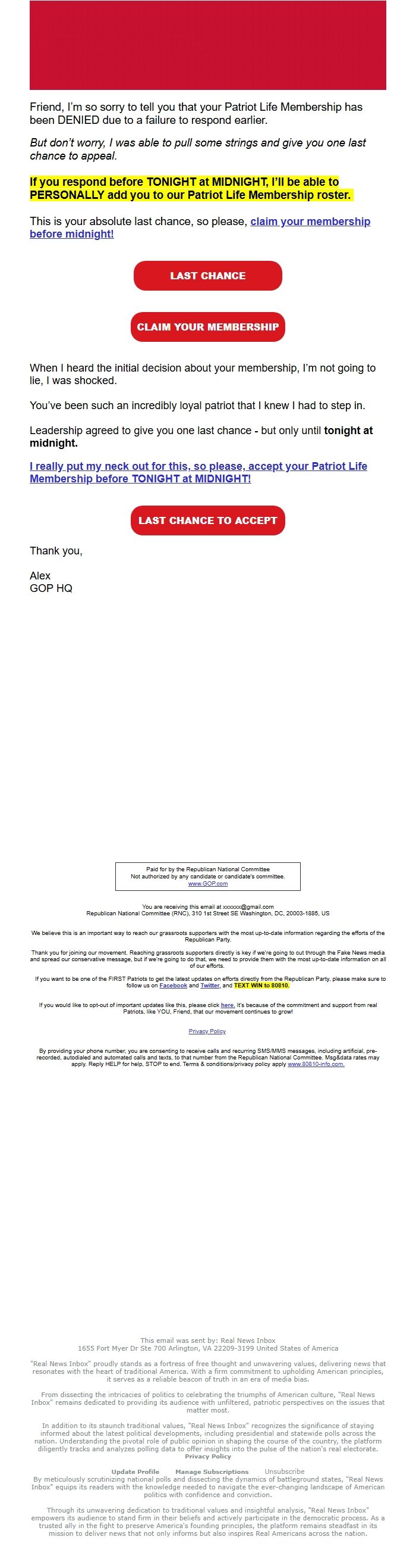 Screenshot of the email generated on import