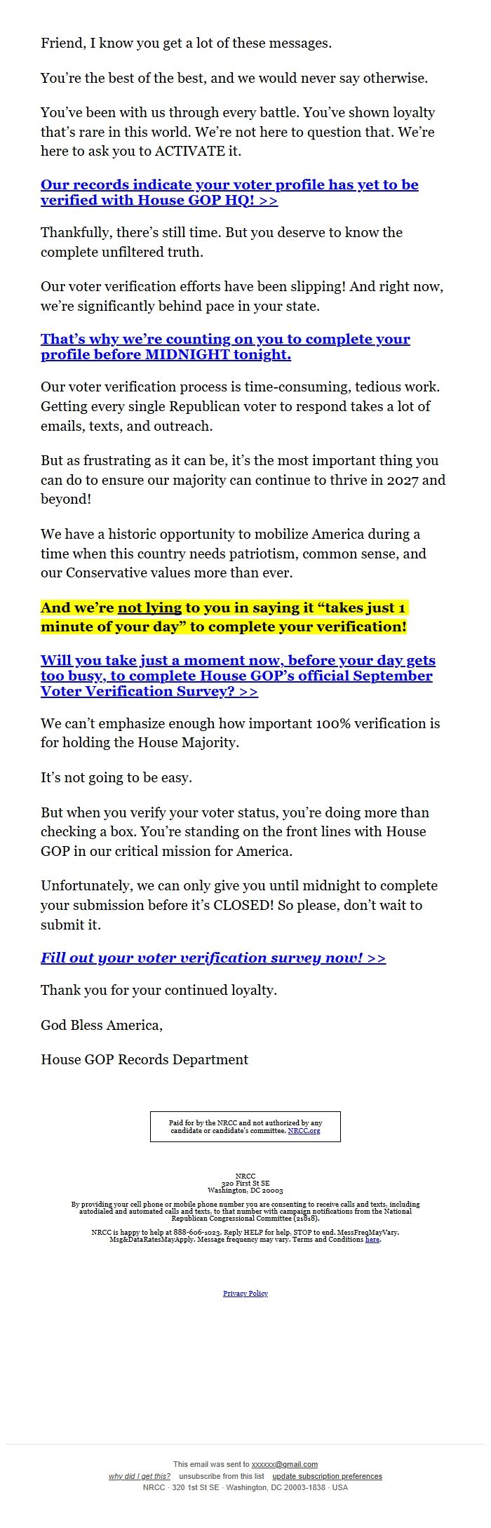 Screenshot of the email generated on import