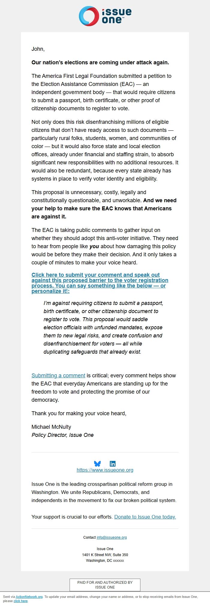 Screenshot of the email generated on import