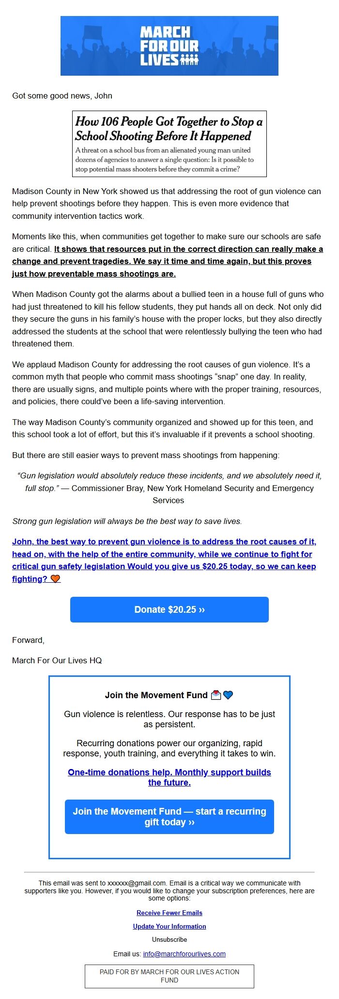 Screenshot of the email generated on import