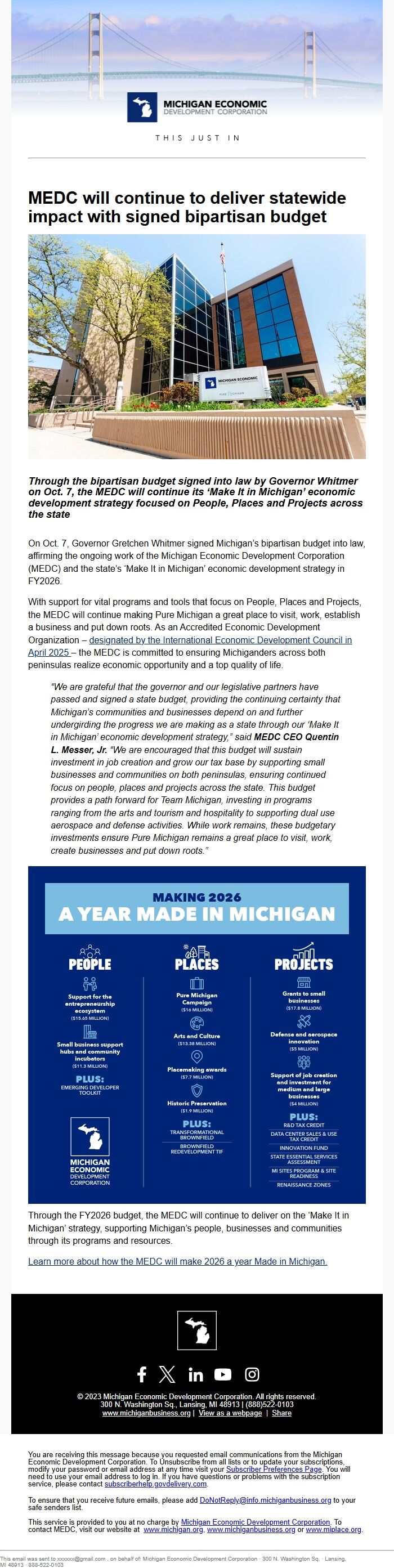 Screenshot of the email generated on import