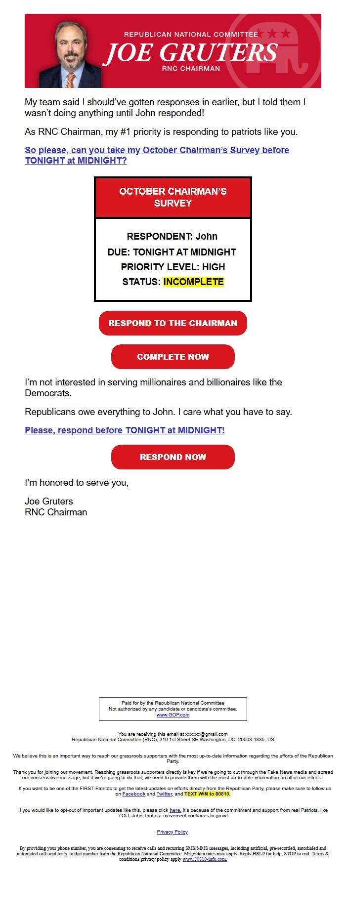 Screenshot of the email generated on import