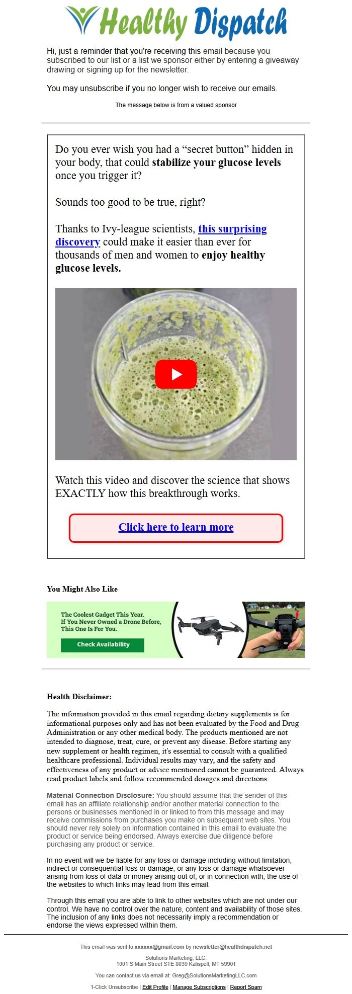 Screenshot of the email generated on import