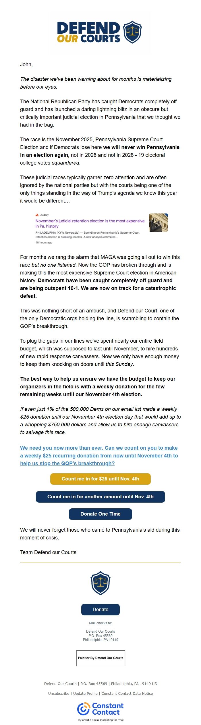 Screenshot of the email generated on import