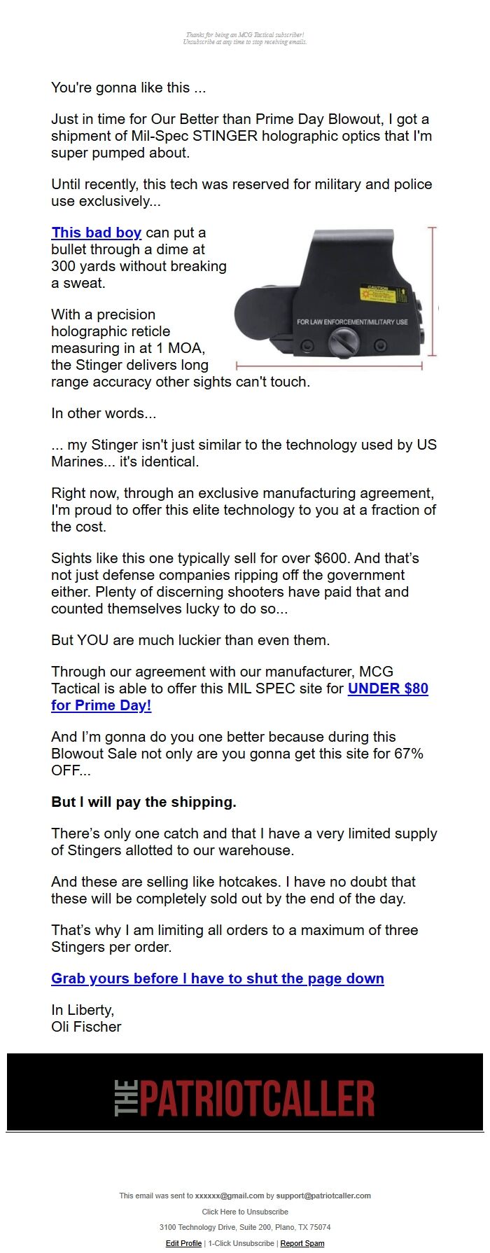 Screenshot of the email generated on import