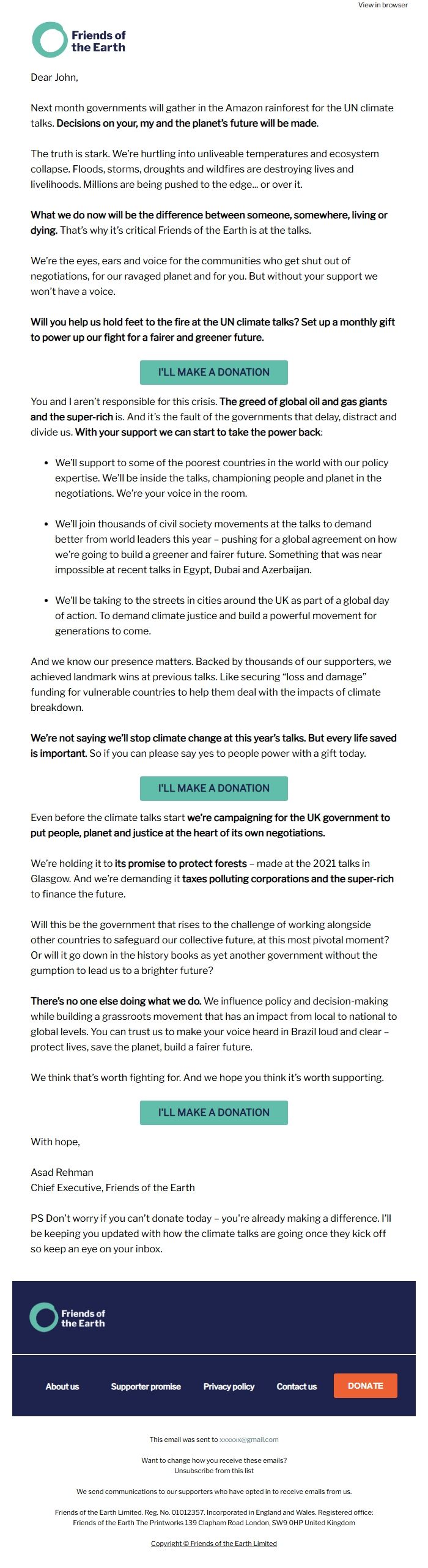 Screenshot of the email generated on import