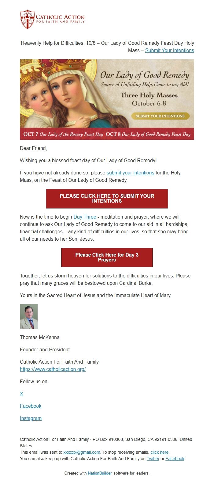 Screenshot of the email generated on import