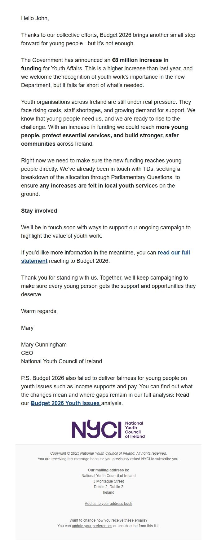 Screenshot of the email generated on import