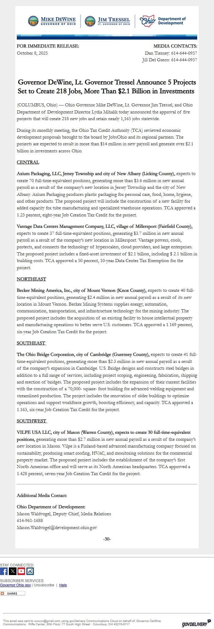 Screenshot of the email generated on import