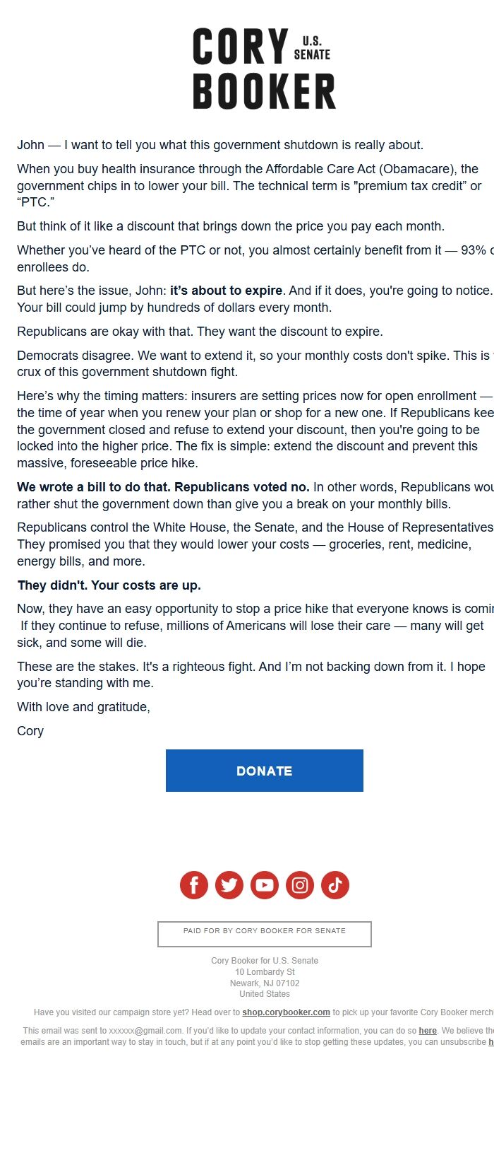 Screenshot of the email generated on import