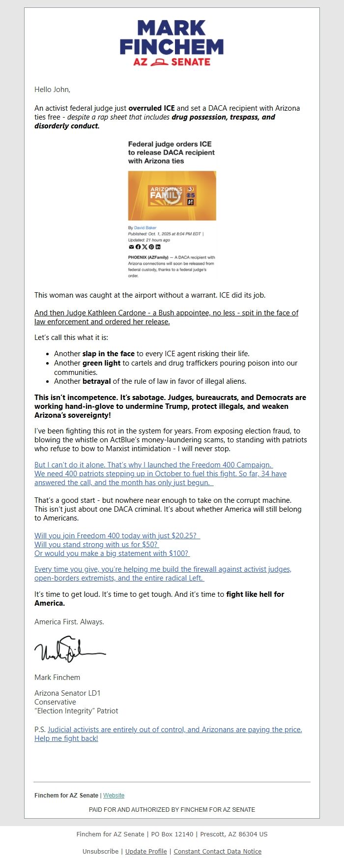 Screenshot of the email generated on import