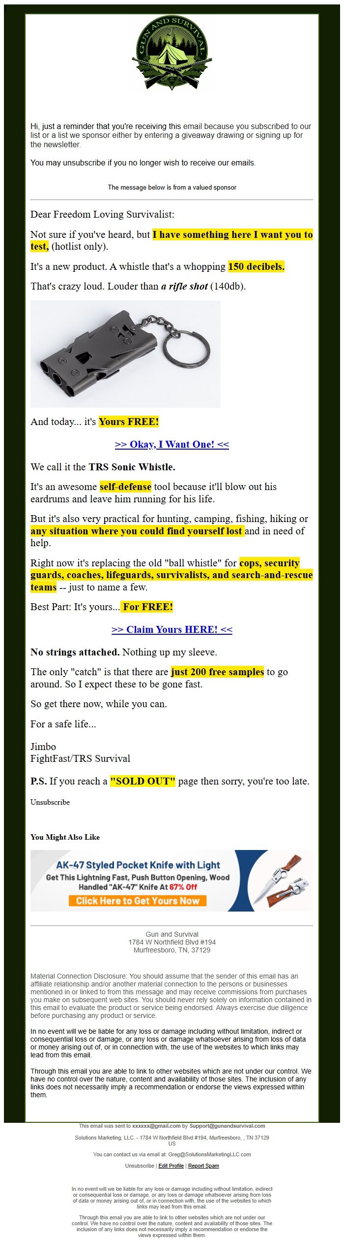 Screenshot of the email generated on import