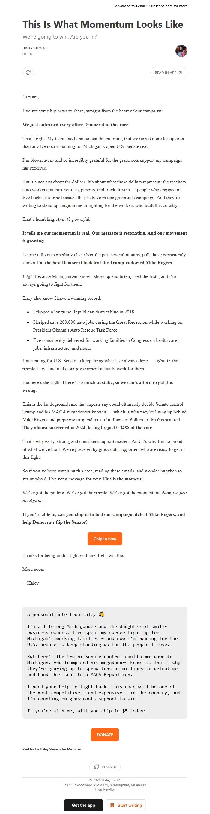 Screenshot of the email generated on import