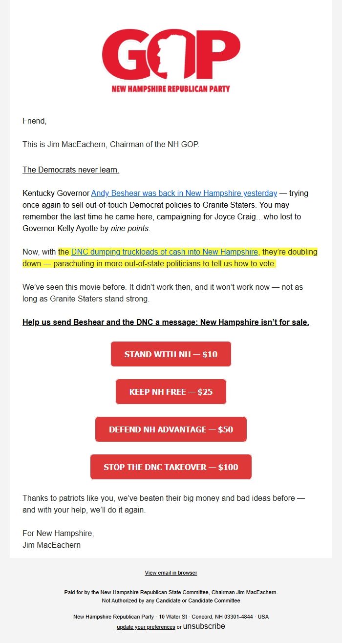 Screenshot of the email generated on import