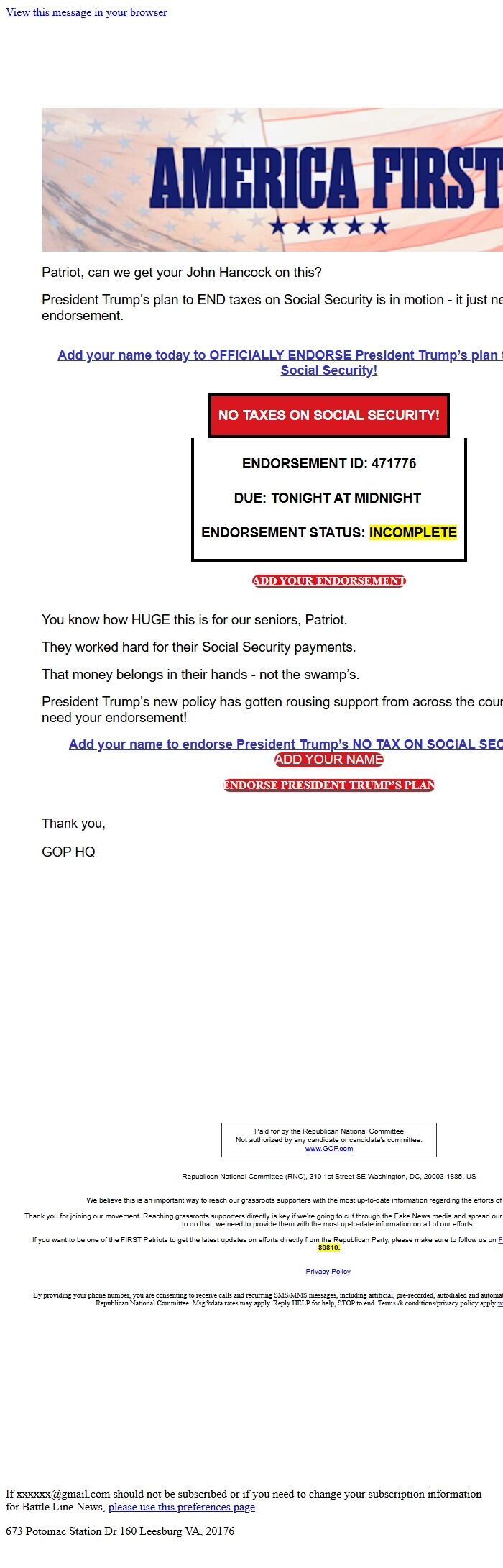 Screenshot of the email generated on import