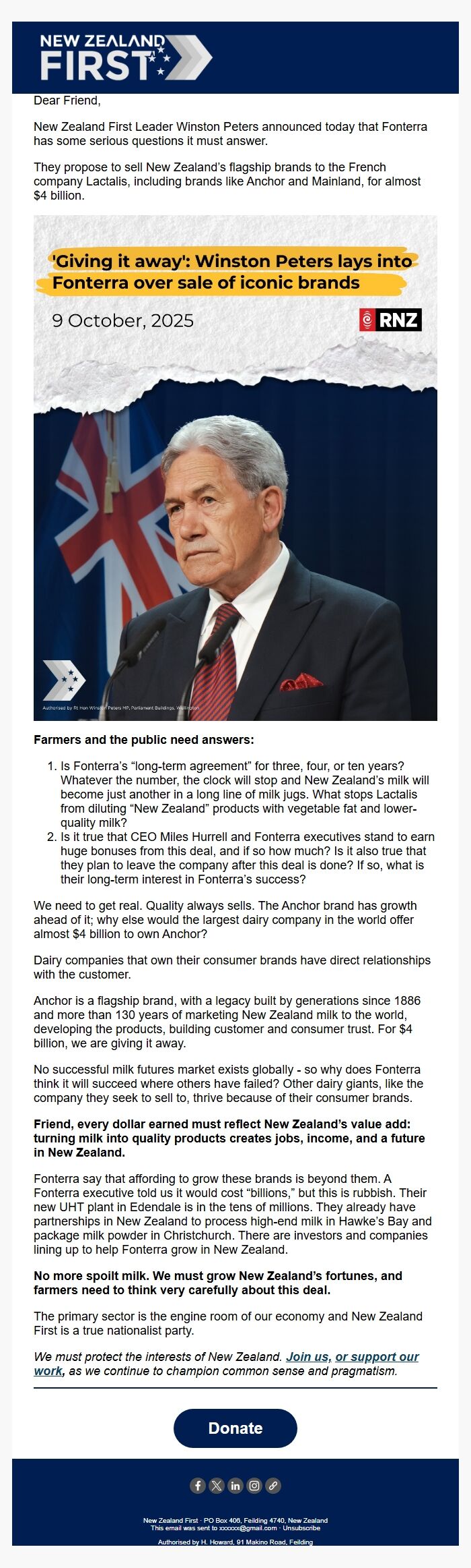 Screenshot of the email generated on import