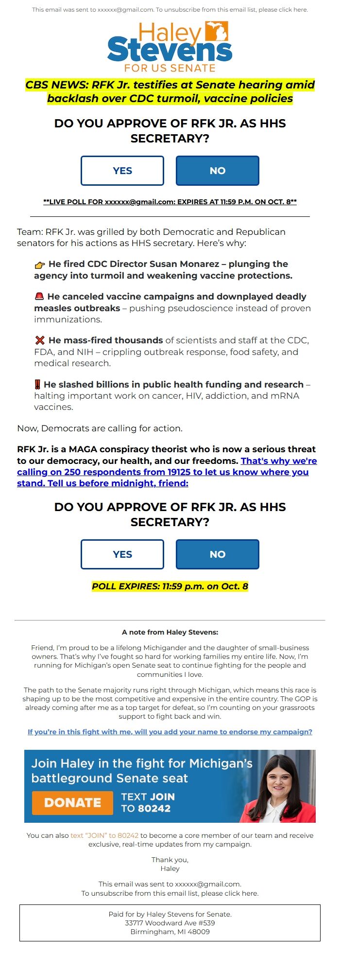 Screenshot of the email generated on import