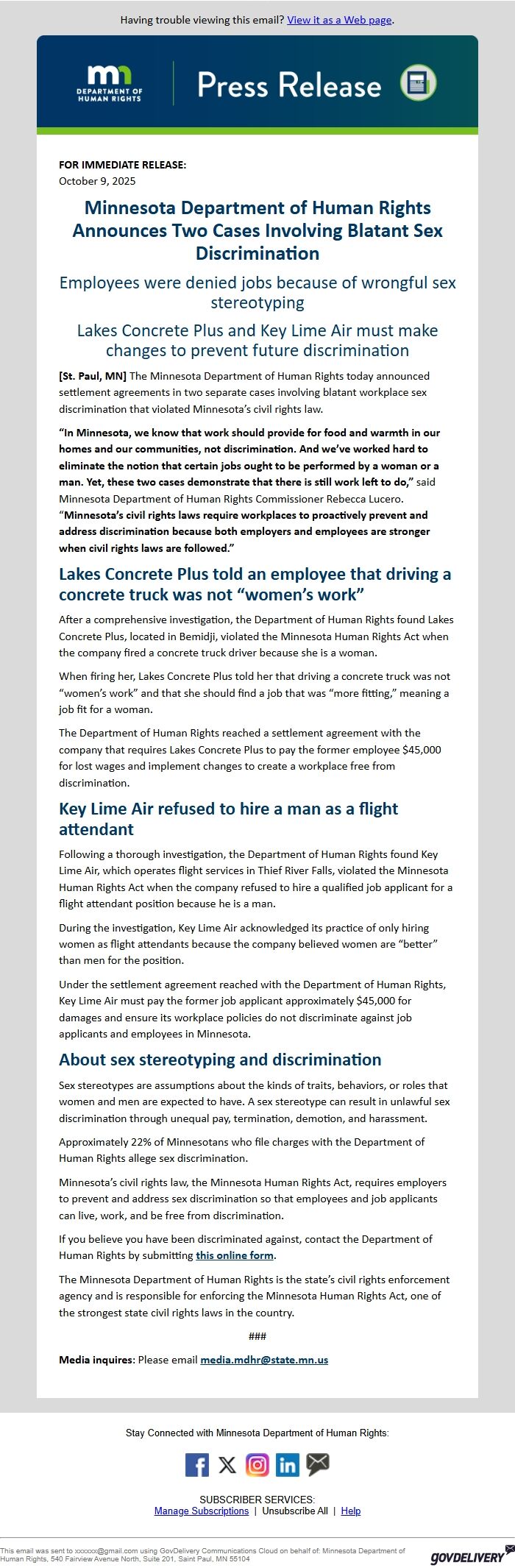 Screenshot of the email generated on import