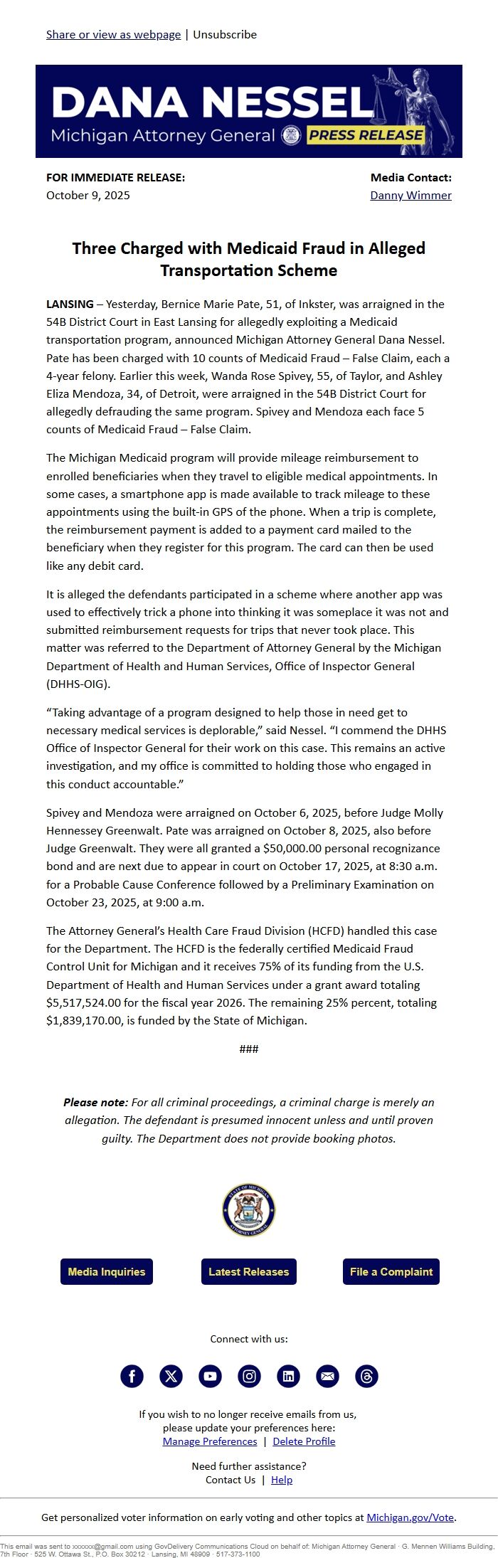 Screenshot of the email generated on import