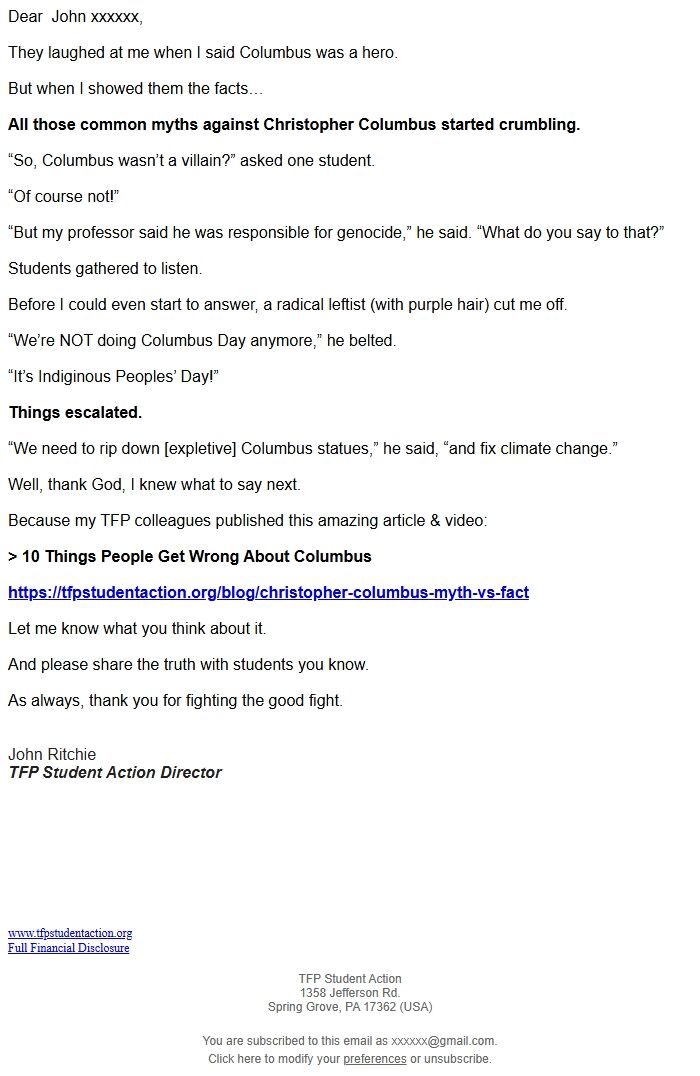 Screenshot of the email generated on import