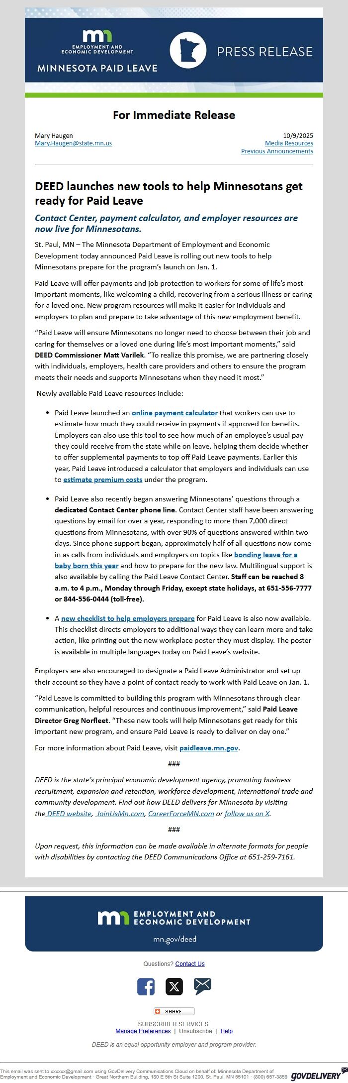 Screenshot of the email generated on import