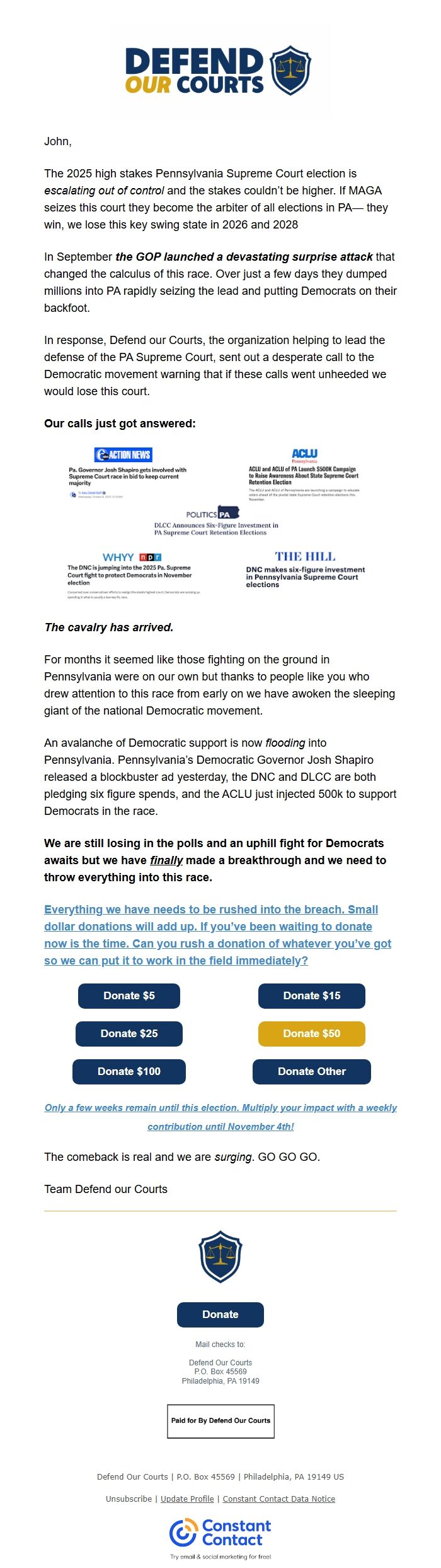 Screenshot of the email generated on import
