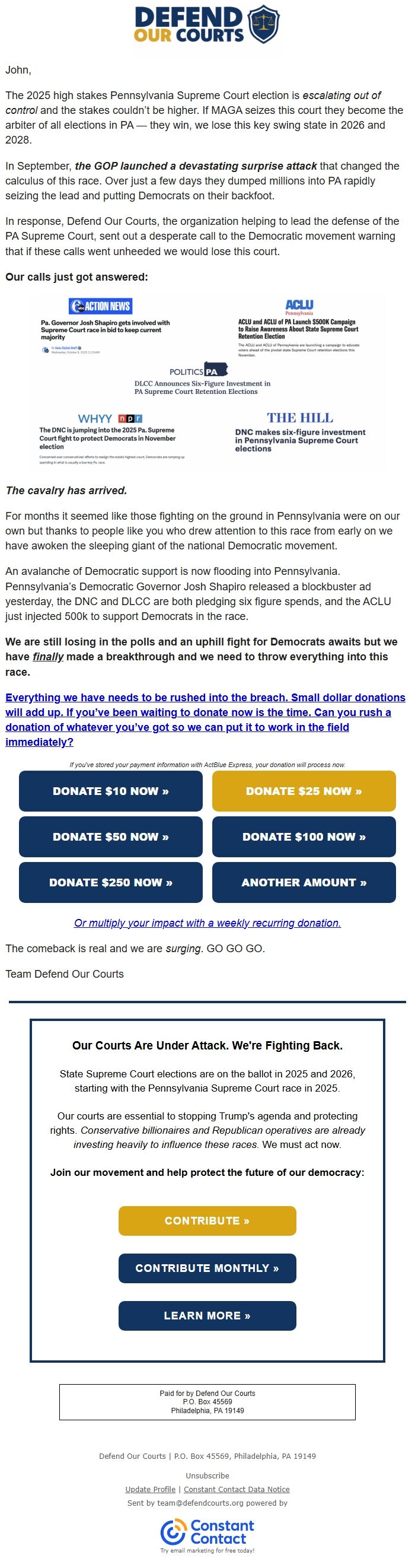 Screenshot of the email generated on import