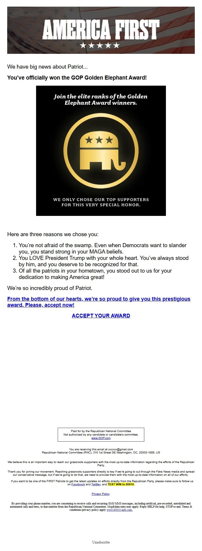 Screenshot of the email generated on import