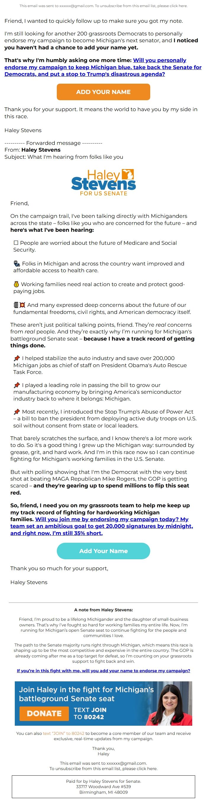 Screenshot of the email generated on import