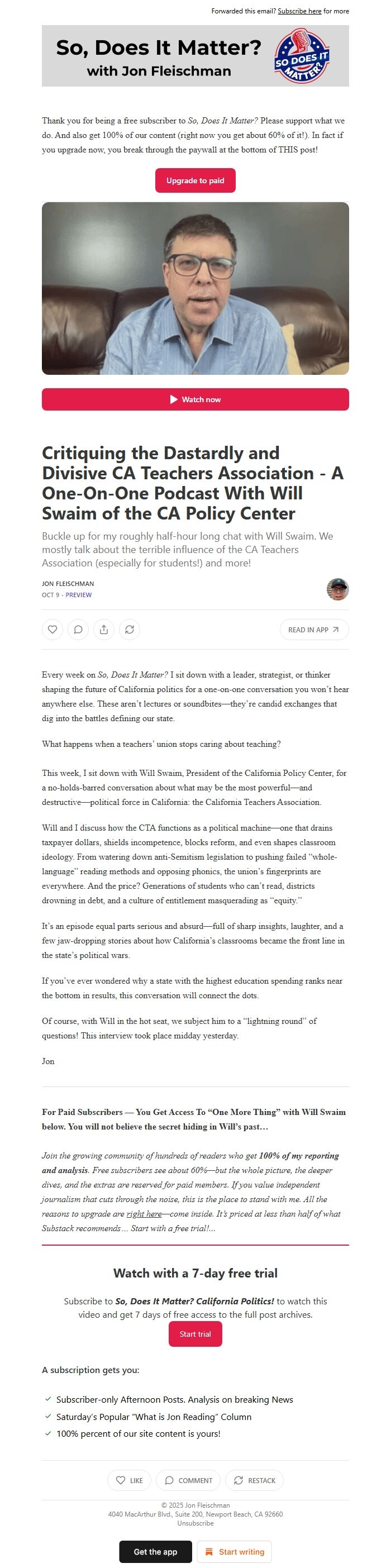 Screenshot of the email generated on import