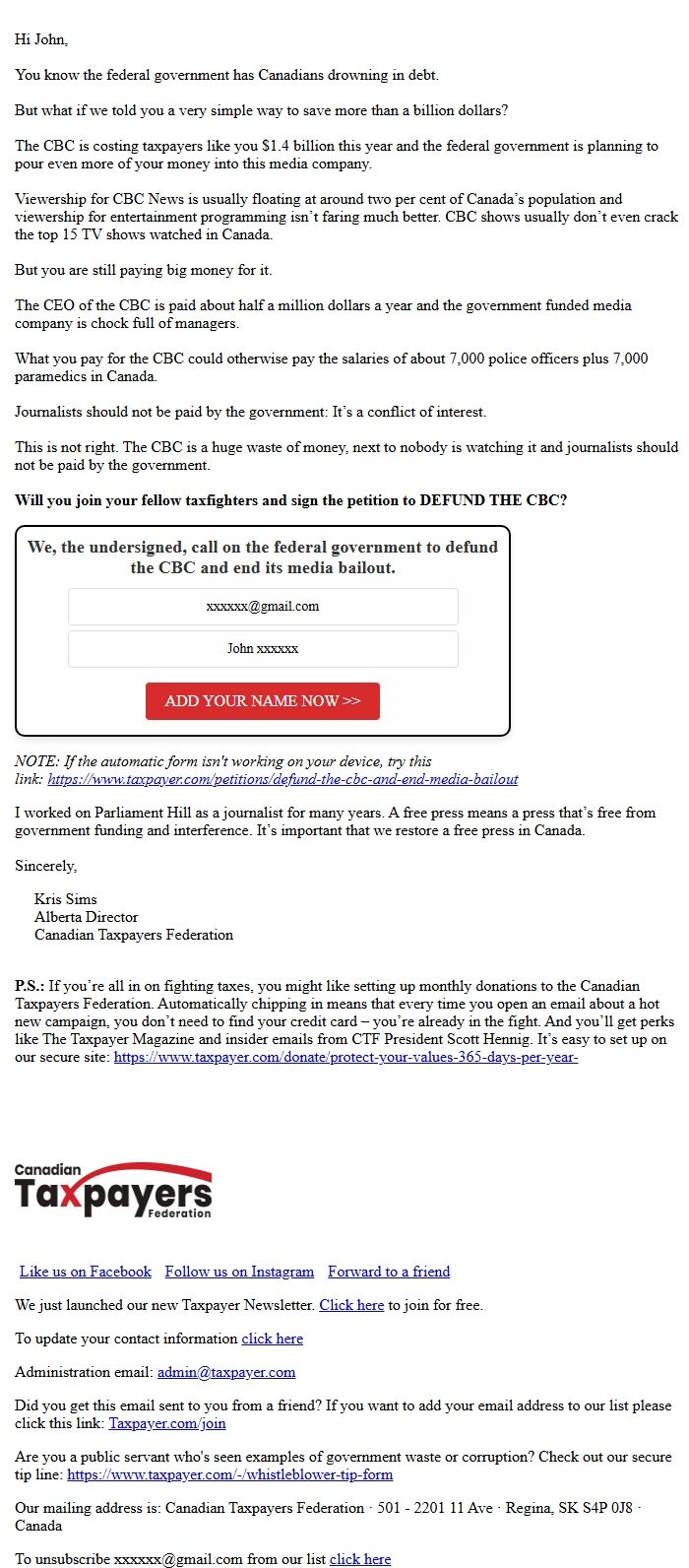 Screenshot of the email generated on import