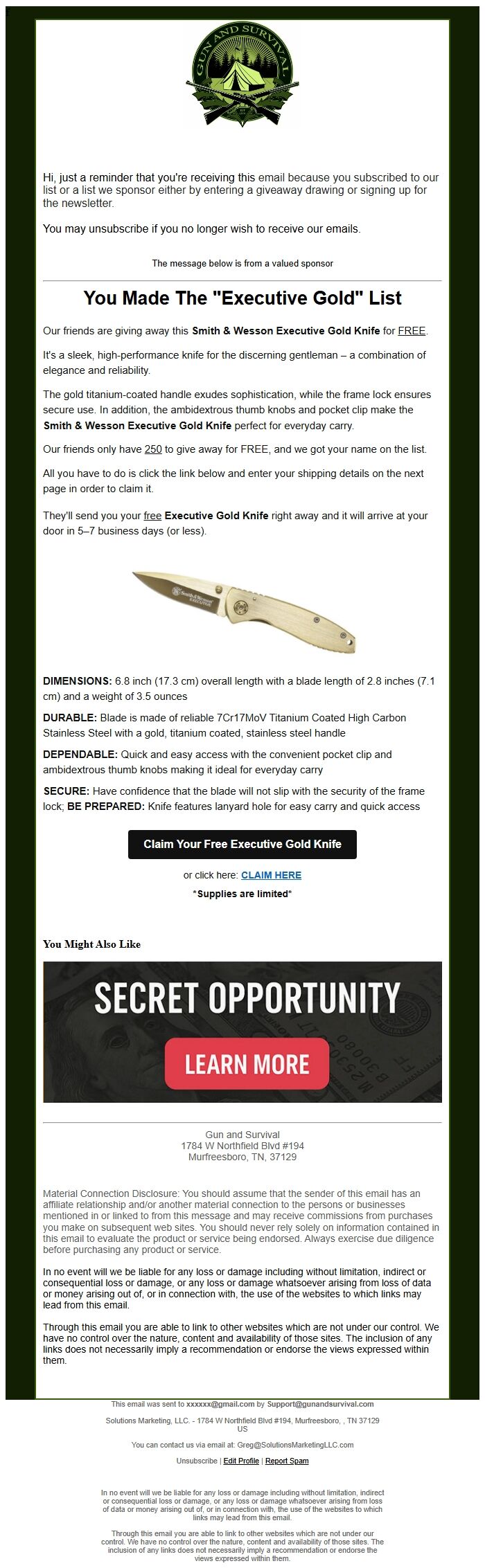 Screenshot of the email generated on import
