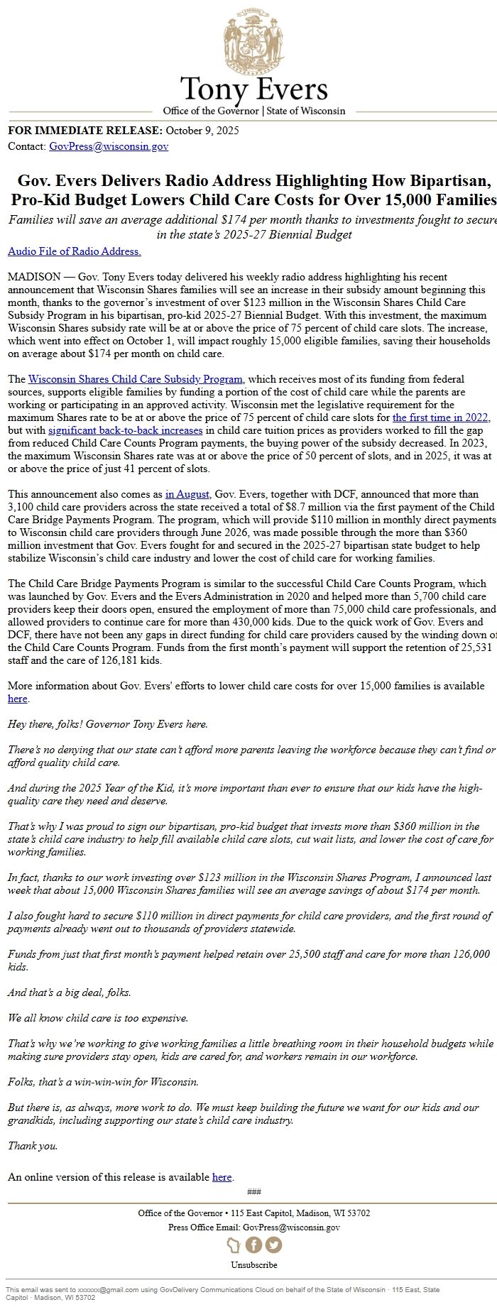 Screenshot of the email generated on import