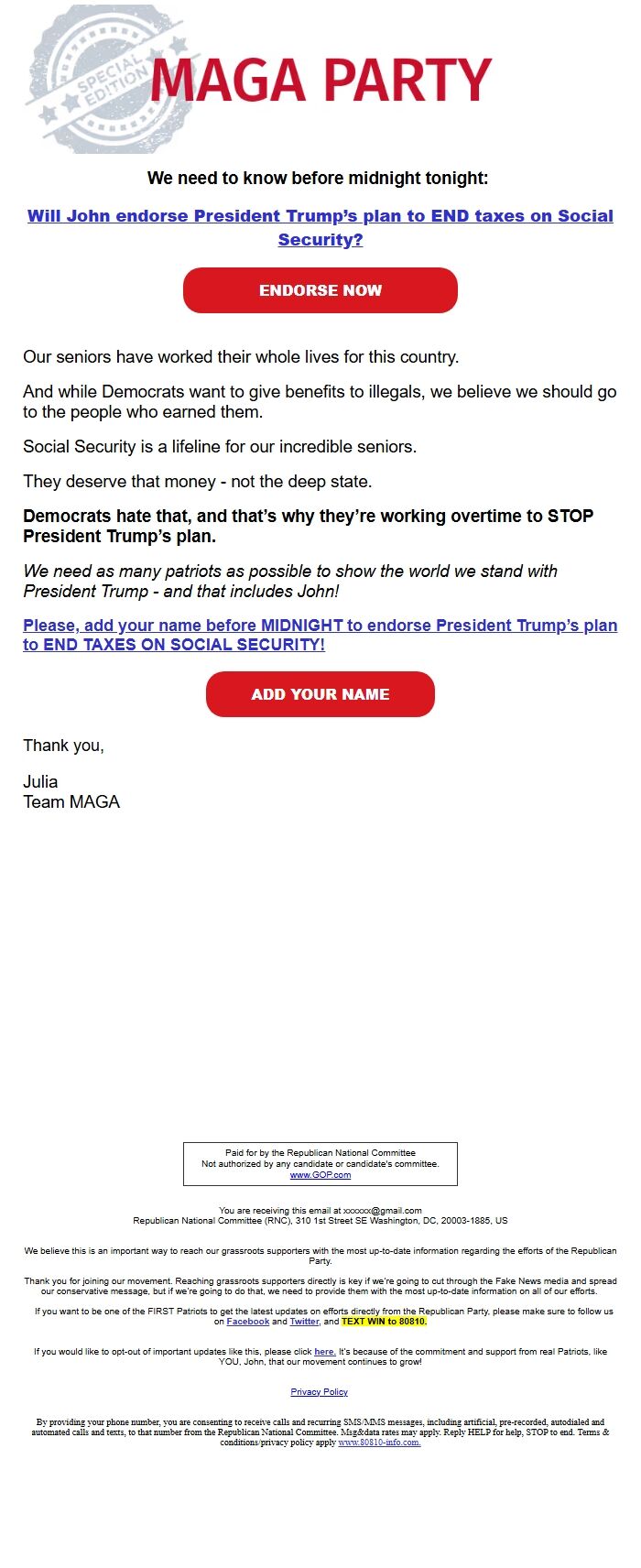 Screenshot of the email generated on import