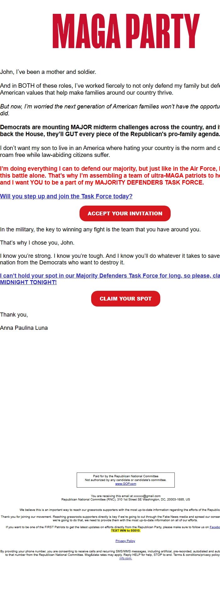 Screenshot of the email generated on import