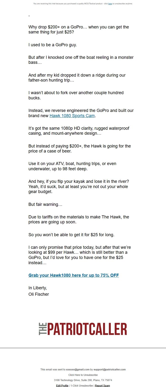 Screenshot of the email generated on import