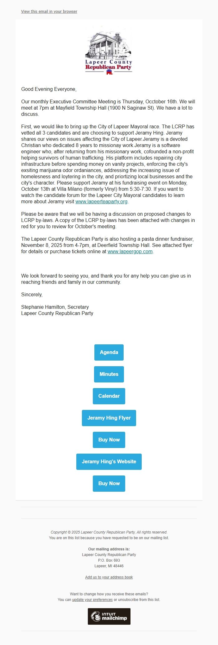 Screenshot of the email generated on import