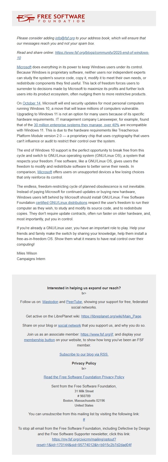 Screenshot of the email generated on import