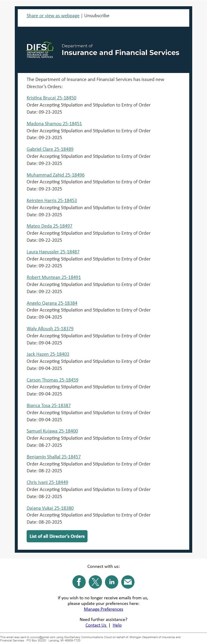 Screenshot of the email generated on import
