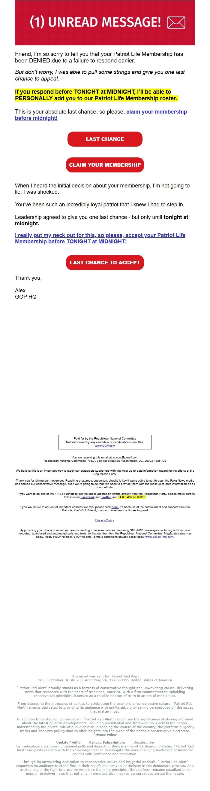 Screenshot of the email generated on import