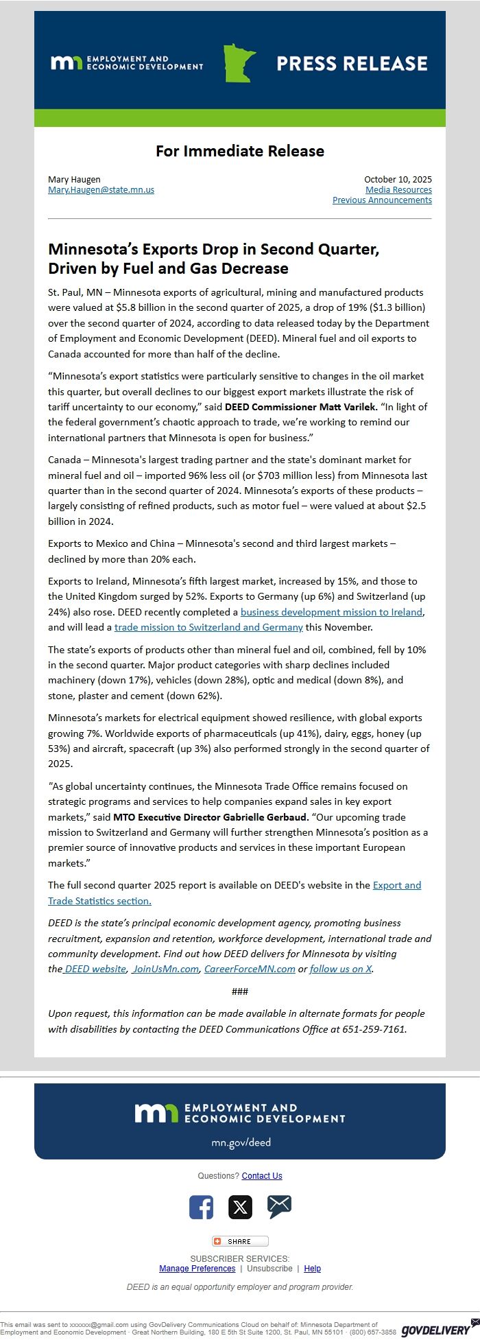 Screenshot of the email generated on import